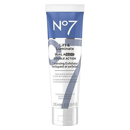 No7 Lift & Luminate Dual Action Cleansing & Exfoliating Face Wash - Gentle Exfoliator with Vitamin C, E & B5 - Deep Pore Cleanser for Dull & Uneven Skin Tone, 3.3 Fl Oz