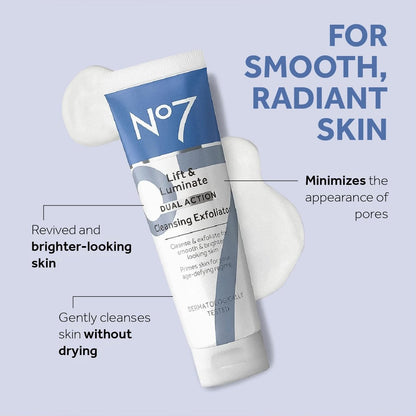 No7 Lift & Luminate Dual Action Cleansing & Exfoliating Face Wash - Gentle Exfoliator with Vitamin C, E & B5 - Deep Pore Cleanser for Dull & Uneven Skin Tone, 3.3 Fl Oz