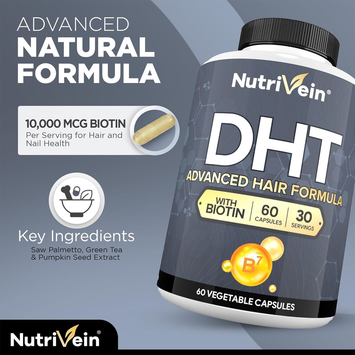 Nutrivein Premium DHT Blocker for Men & Women with Biotin - 60 Capsules, 30-Day Supply Avelisse