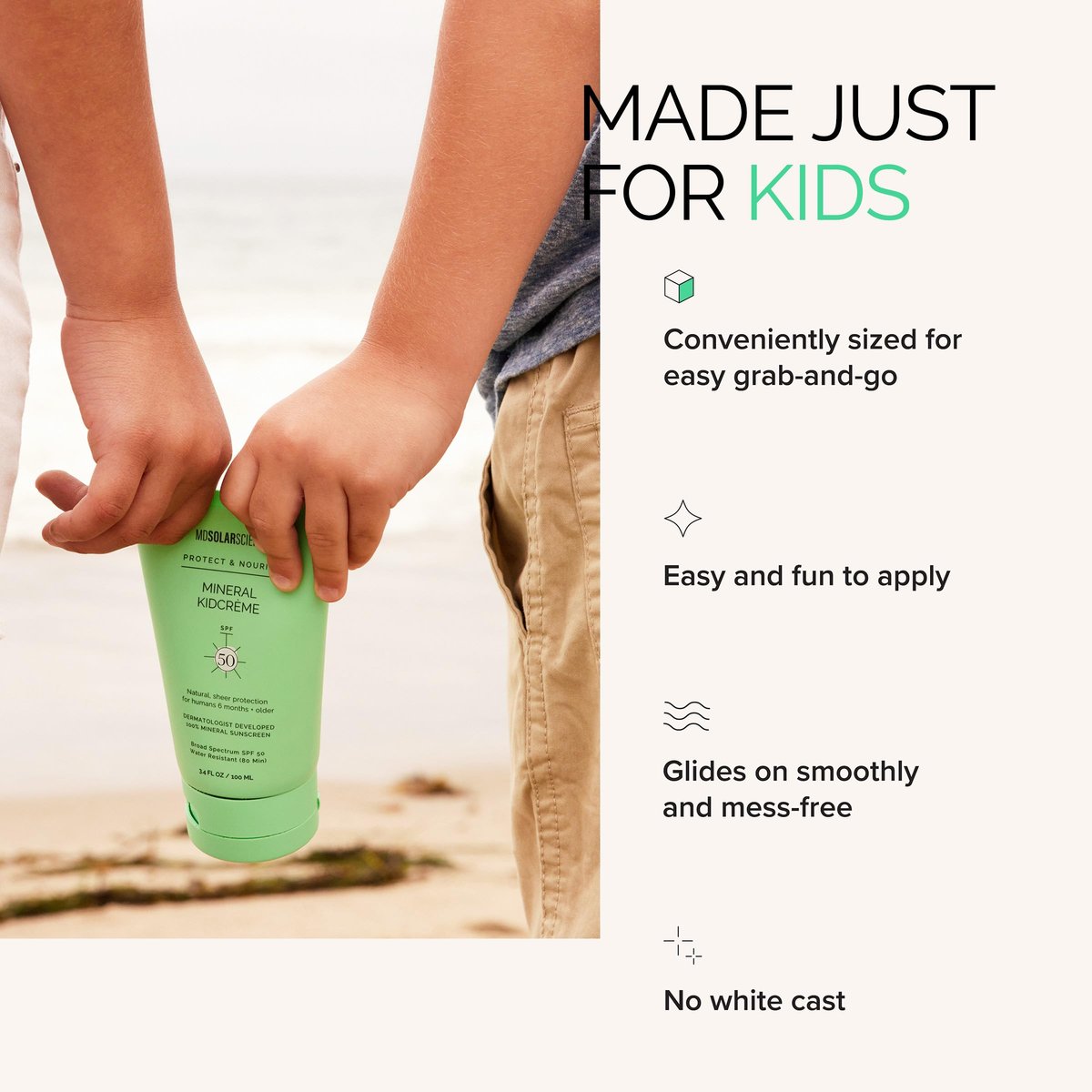 MDSolarSciences Mineral KidCrème SPF 50 – Gentle Broad-Spectrum Kids Sunscreen with Zinc Oxide & Squalane, Water-Resistant, No White Cast, Fragrance-Free (3.4 Fl Oz) Avelisse
