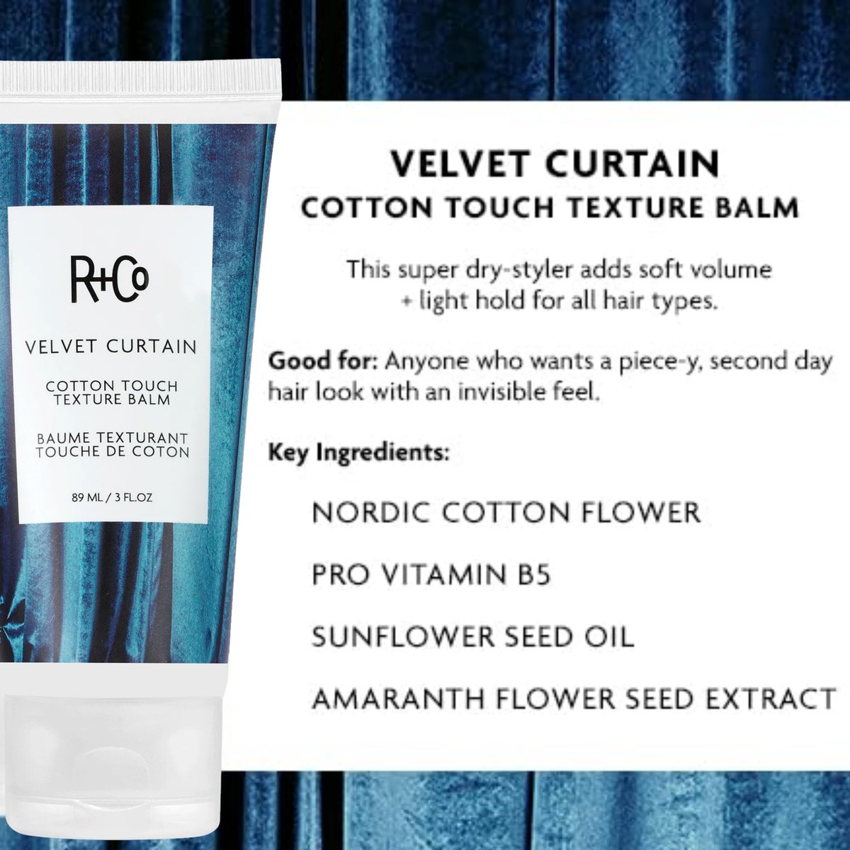 R+Co Velvet Curtain Cotton Touch Texture Balm – Lightweight Styling Balm for Frizz Control, Texture & Volume – Defines Curls & Adds Soft Hold – Hydrates Without Weight – Vegan – 3 oz Avelisse