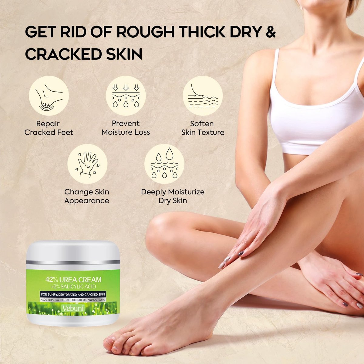 Vebuni Urea Cream 42% + Salicylic Acid - Intensive Callus Remover for Feet, Knees & Elbows, 4 oz - Moisturizes & Softens Dry, Rough Skin - görsel 3