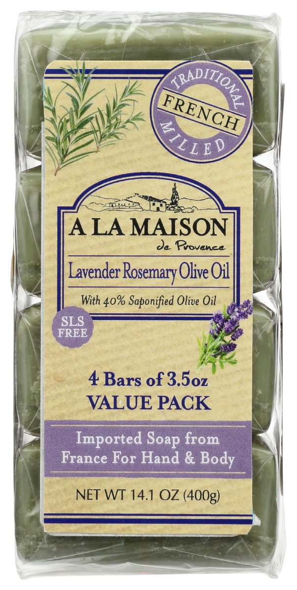 A LA MAISON Lavender Rosemary Olive Oil Bar Soap - Triple French Milled Natural Moisturizing Hand Soap Bar (4 Bars, 3.5 oz Each) Avelisse