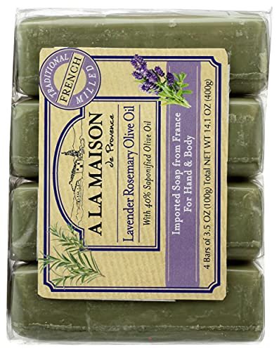 A LA MAISON Lavender Rosemary Olive Oil Bar Soap - Triple French Milled Natural Moisturizing Hand Soap Bar (4 Bars, 3.5 oz Each) Avelisse