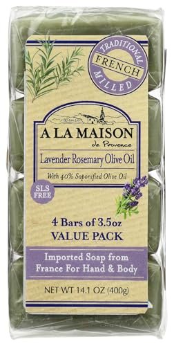 A LA MAISON Lavender Rosemary Olive Oil Bar Soap - Triple French Milled Natural Moisturizing Hand Soap Bar (4 Bars, 3.5 oz Each) Avelisse