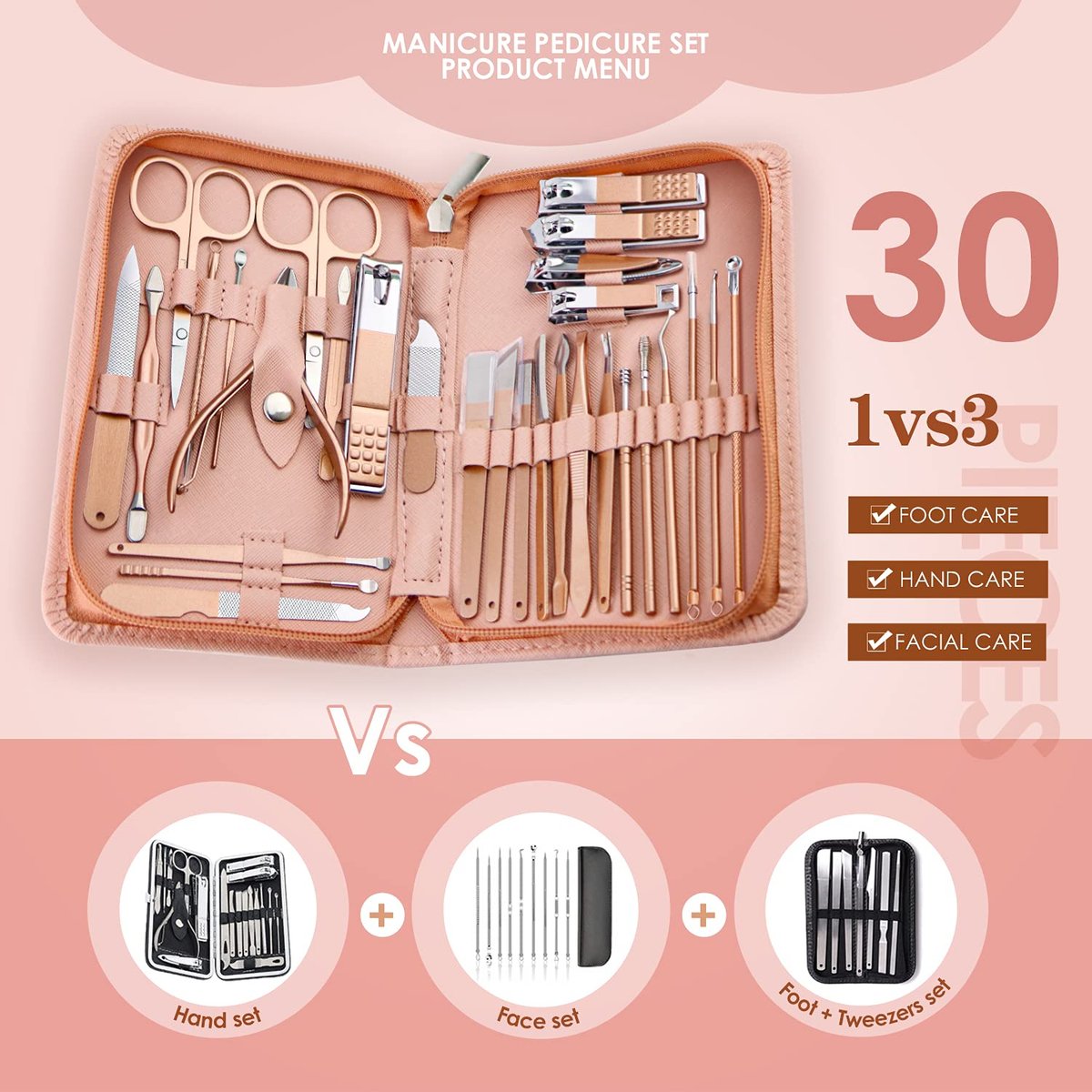 WOAMA 30-in-1 Professional Stainless Steel Manicure and Pedicure Kit for Women - Pink Avelisse