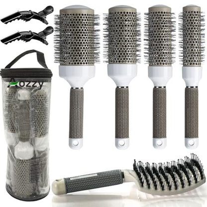Aozzy Round Brush Set for Blow Drying - Boar Bristle Vented Curved Hair Brush with Thermal Ceramic & Ionic Tech for Frizz Reduction, Smooth & Shiny Hair Avelisse