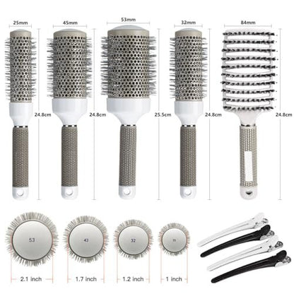 Aozzy Round Brush Set for Blow Drying - Boar Bristle Vented Curved Hair Brush with Thermal Ceramic & Ionic Tech for Frizz Reduction, Smooth & Shiny Hair Avelisse