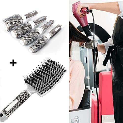 Aozzy Round Brush Set for Blow Drying - Boar Bristle Vented Curved Hair Brush with Thermal Ceramic & Ionic Tech for Frizz Reduction, Smooth & Shiny Hair Avelisse