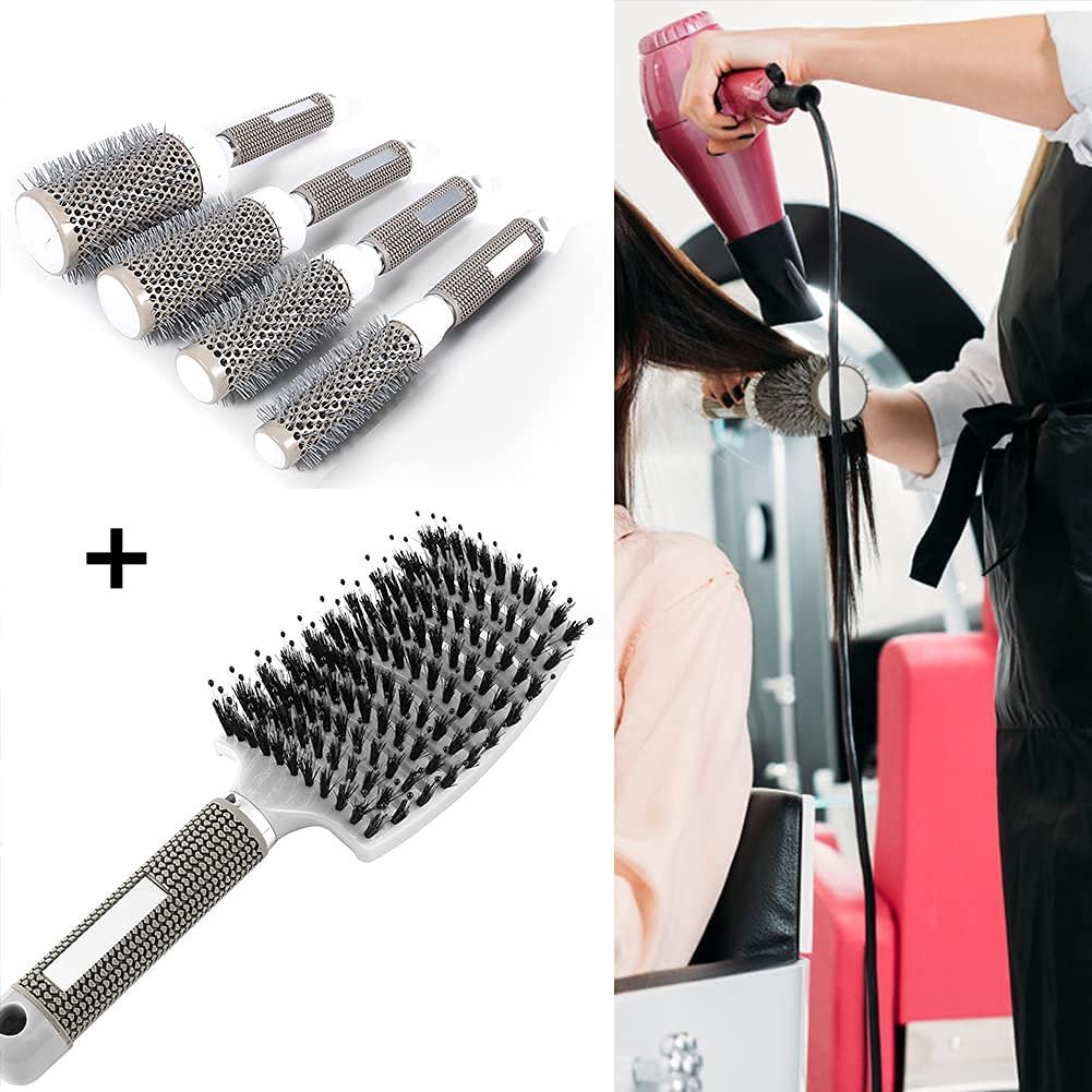 Aozzy Round Brush Set for Blow Drying - Boar Bristle Vented Curved Hair Brush with Thermal Ceramic & Ionic Tech for Frizz Reduction, Smooth & Shiny Hair Avelisse