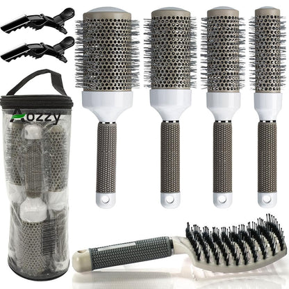 Aozzy Round Brush Set for Blow Drying - Boar Bristle Vented Curved Hair Brush with Thermal Ceramic & Ionic Tech for Frizz Reduction, Smooth & Shiny Hair Avelisse