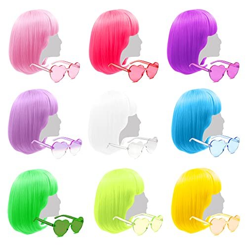 9-Piece Colorful Bob Wig Set with Flat Bangs – Bubble Gum Series Party Wigs for Women with Extra Heart Sunglasses Avelisse
