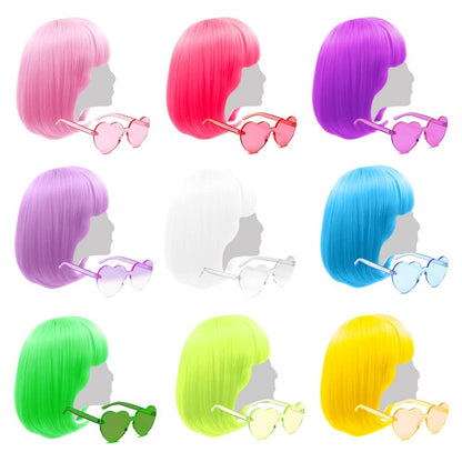 9-Piece Colorful Bob Wig Set with Flat Bangs – Bubble Gum Series Party Wigs for Women with Extra Heart Sunglasses Avelisse