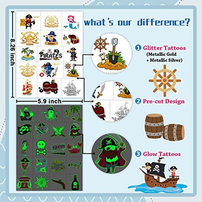 PARTYWIND 34 Styles Pirate Birthday Party Supplies - Glow & Metallic Glitter Temporary Tattoos for Kids Party Favors, Decorations, and Games for Boys and Girls Avelisse