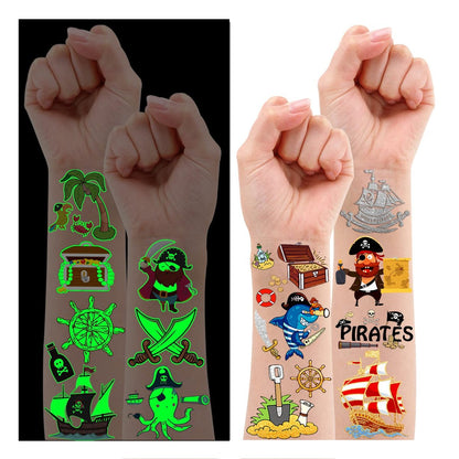 PARTYWIND 34 Styles Pirate Birthday Party Supplies - Glow & Metallic Glitter Temporary Tattoos for Kids Party Favors, Decorations, and Games for Boys and Girls Avelisse