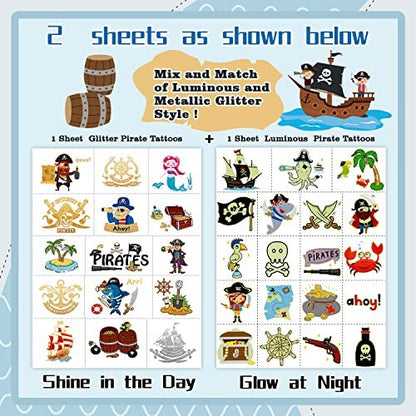 PARTYWIND 34 Styles Pirate Birthday Party Supplies - Glow & Metallic Glitter Temporary Tattoos for Kids Party Favors, Decorations, and Games for Boys and Girls Avelisse