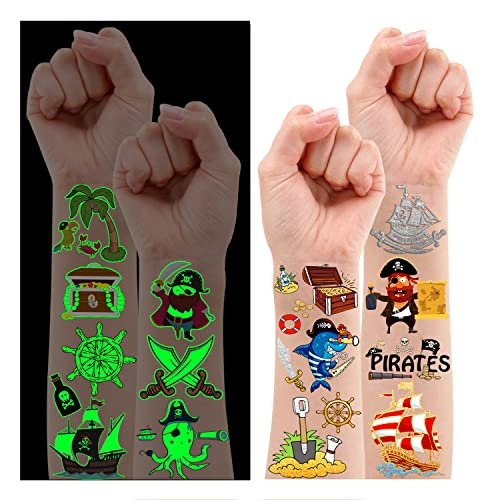 PARTYWIND 34 Styles Pirate Birthday Party Supplies - Glow & Metallic Glitter Temporary Tattoos for Kids Party Favors, Decorations, and Games for Boys and Girls Avelisse
