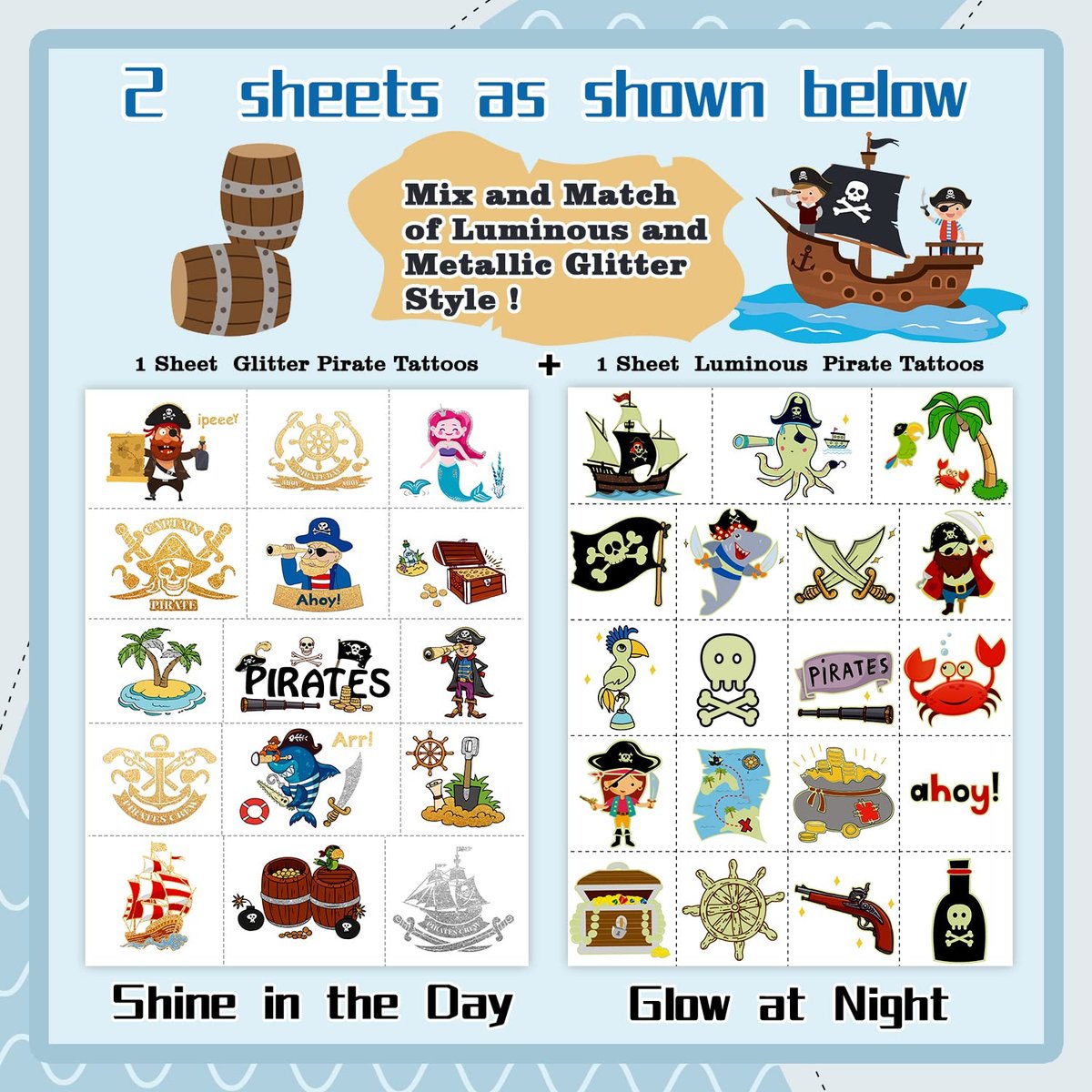PARTYWIND 34 Styles Pirate Birthday Party Supplies - Glow & Metallic Glitter Temporary Tattoos for Kids Party Favors, Decorations, and Games for Boys and Girls Avelisse