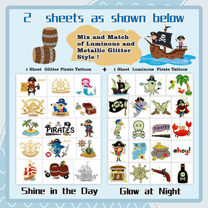 PARTYWIND 34 Styles Pirate Birthday Party Supplies - Glow & Metallic Glitter Temporary Tattoos for Kids Party Favors, Decorations, and Games for Boys and Girls Avelisse