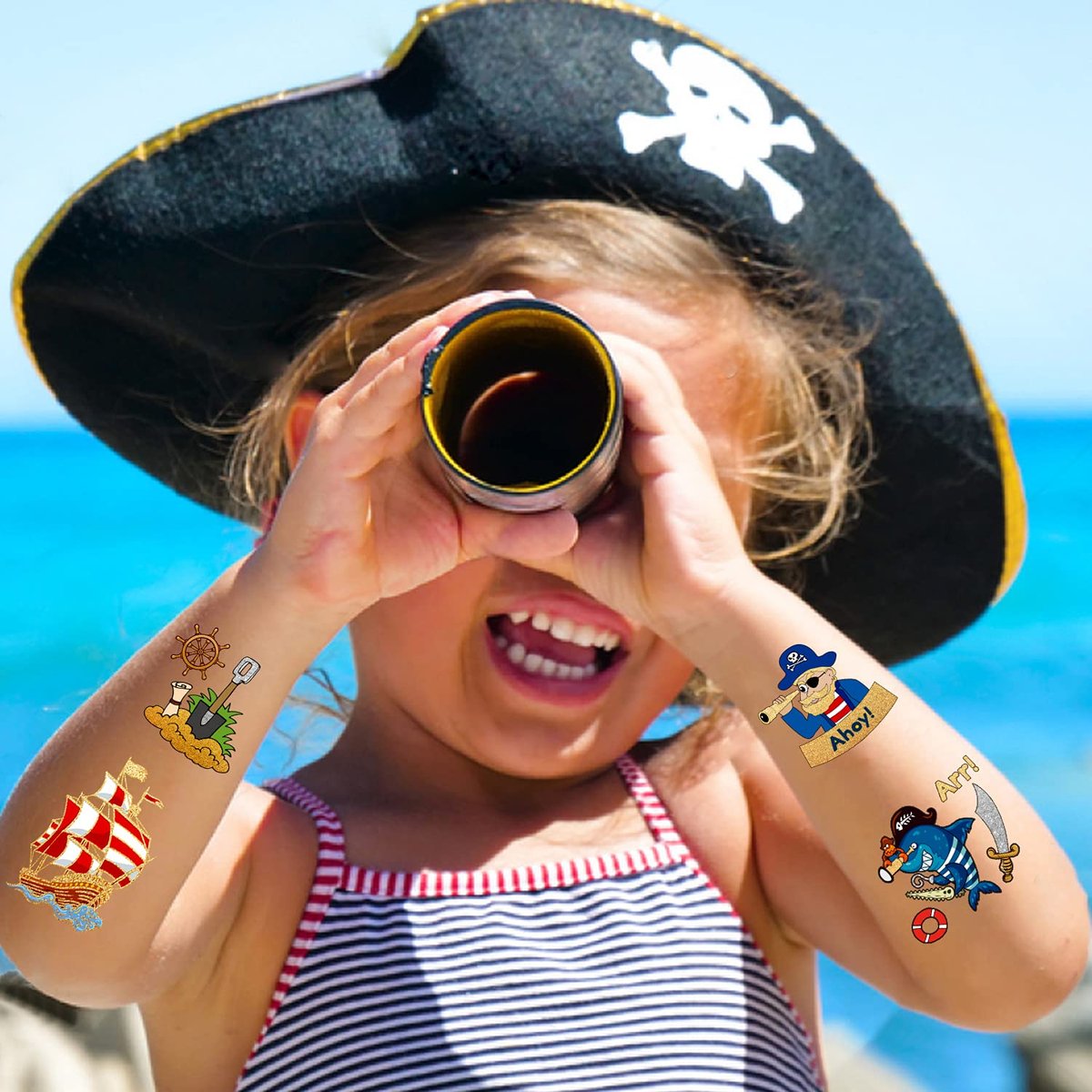 PARTYWIND 34 Styles Pirate Birthday Party Supplies - Glow & Metallic Glitter Temporary Tattoos for Kids Party Favors, Decorations, and Games for Boys and Girls Avelisse