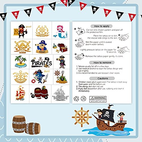 PARTYWIND 34 Styles Pirate Birthday Party Supplies - Glow & Metallic Glitter Temporary Tattoos for Kids Party Favors, Decorations, and Games for Boys and Girls Avelisse