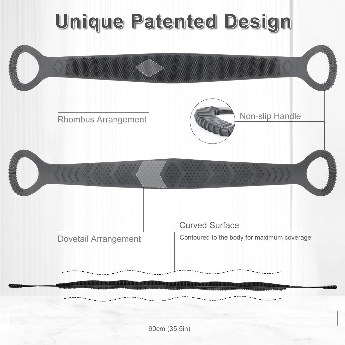 FREATECH Silicone Back Scrubber for Shower - 36" Dual-Sided Back Washer Exfoliator Strap for Men and Women - Easy to Clean, Black Avelisse