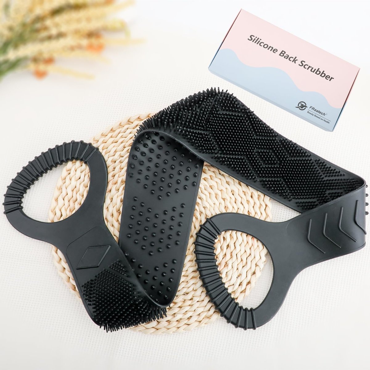 FREATECH Silicone Back Scrubber for Shower - 36" Dual-Sided Back Washer Exfoliator Strap for Men and Women - Easy to Clean, Black Avelisse
