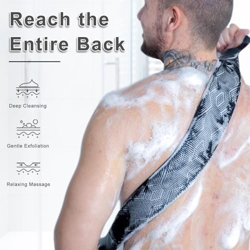 FREATECH Silicone Back Scrubber for Shower - 36" Dual-Sided Back Washer Exfoliator Strap for Men and Women - Easy to Clean, Black Avelisse