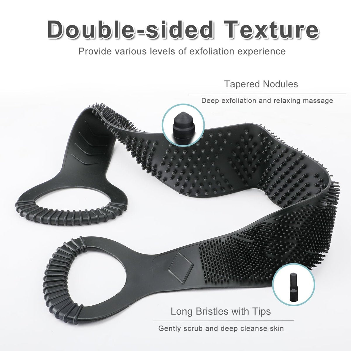 FREATECH Silicone Back Scrubber for Shower - 36" Dual-Sided Back Washer Exfoliator Strap for Men and Women - Easy to Clean, Black Avelisse
