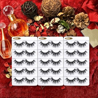 Eliace 15 Pairs Natural Look False Eyelashes – 14mm Cat Eye Wispy Strips, Faux Mink Fluffy Volume Lashes for Everyday Wear