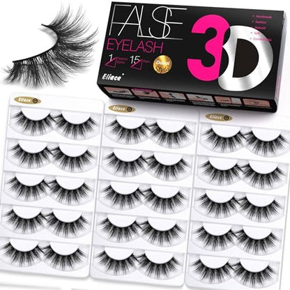 Eliace 15 Pairs Natural Look False Eyelashes – 14mm Cat Eye Wispy Strips, Faux Mink Fluffy Volume Lashes for Everyday Wear
