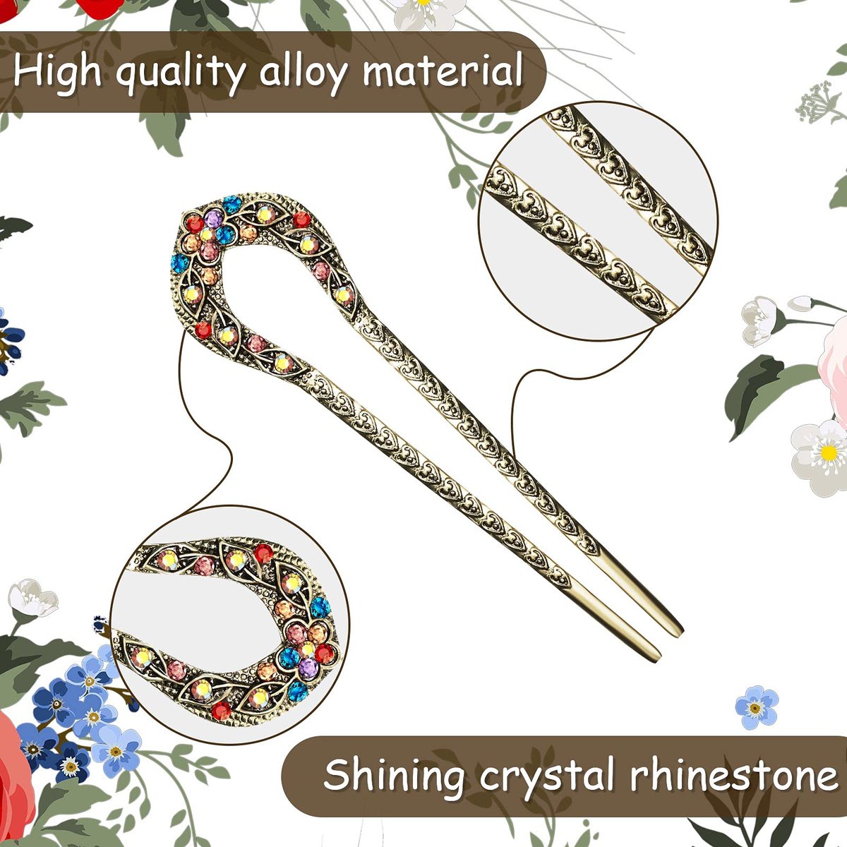 Waydress 5 Pcs Vintage Hair Fork Set - Elegant Crystal Rhinestone French Hair Pins for Buns, U-Shaped Metal Chignon Chopsticks for Women (Blue, Purple, Red) - görsel 8
