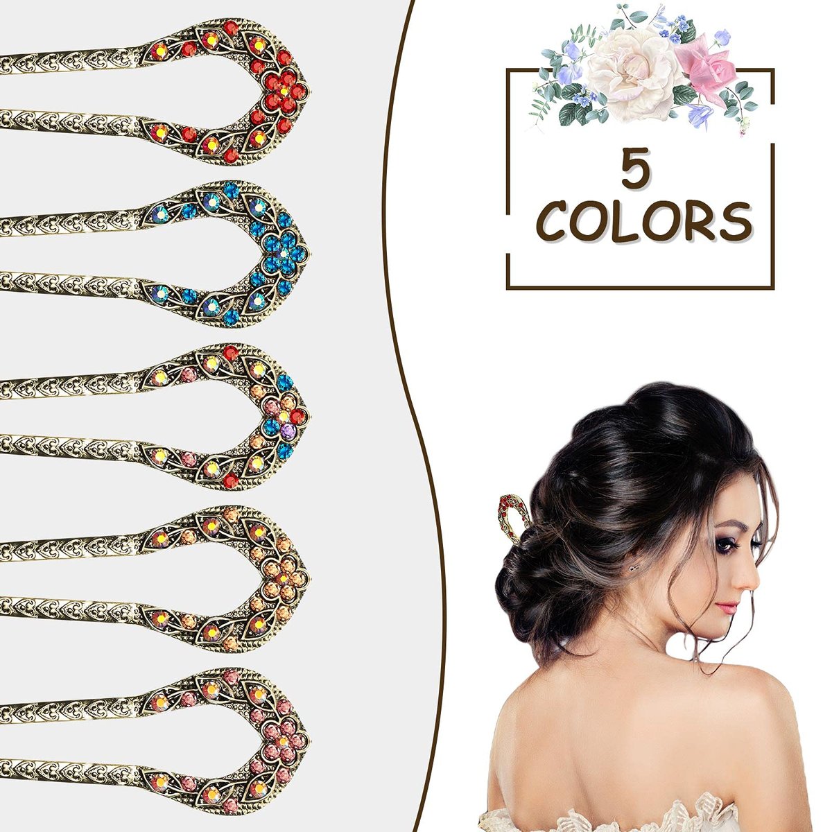 Waydress 5 Pcs Vintage Hair Fork Set - Elegant Crystal Rhinestone French Hair Pins for Buns, U-Shaped Metal Chignon Chopsticks for Women (Blue, Purple, Red) - görsel 10