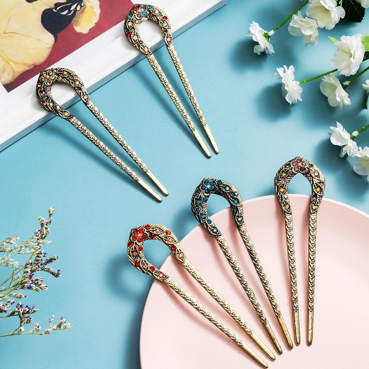 Waydress 5 Pcs Vintage Hair Fork Set - Elegant Crystal Rhinestone French Hair Pins for Buns, U-Shaped Metal Chignon Chopsticks for Women (Blue, Purple, Red) - görsel 4