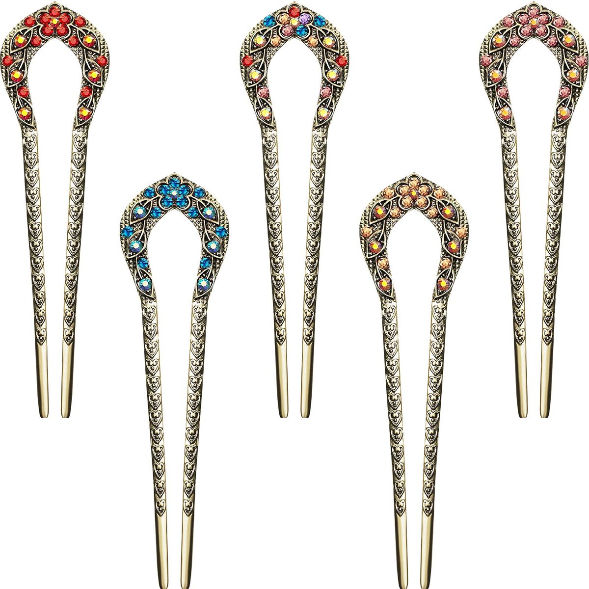 Waydress 5 Pcs Vintage Hair Fork Set - Elegant Crystal Rhinestone French Hair Pins for Buns, U-Shaped Metal Chignon Chopsticks for Women (Blue, Purple, Red) - görsel 2