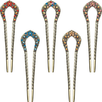 Waydress 5 Pcs Vintage Hair Fork Set - Elegant Crystal Rhinestone French Hair Pins for Buns, U-Shaped Metal Chignon Chopsticks for Women (Blue, Purple, Red)