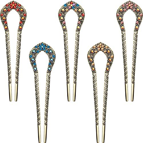 Waydress 5 Pcs Vintage Hair Fork Set - Elegant Crystal Rhinestone French Hair Pins for Buns, U-Shaped Metal Chignon Chopsticks for Women (Blue, Purple, Red) - görsel 1