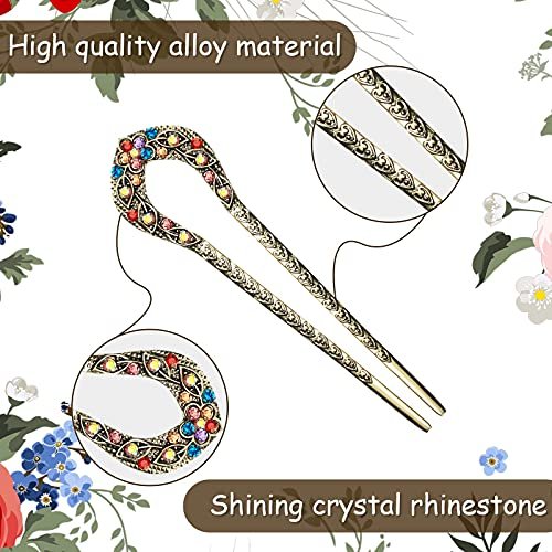 Waydress 5 Pcs Vintage Hair Fork Set - Elegant Crystal Rhinestone French Hair Pins for Buns, U-Shaped Metal Chignon Chopsticks for Women (Blue, Purple, Red) - görsel 7