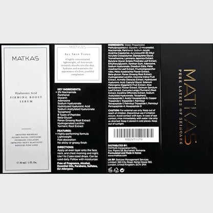 MATKAS Korean Firming Boost Hydrating Hyaluronic Acid Serum 1 Fl. Oz. with 2% Niacinamide for Dry Skin, Anti-Aging Peptides Moisturizer Avelisse