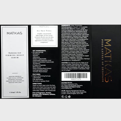 MATKAS Korean Firming Boost Hydrating Hyaluronic Acid Serum 1 Fl. Oz. with 2% Niacinamide for Dry Skin, Anti-Aging Peptides Moisturizer Avelisse