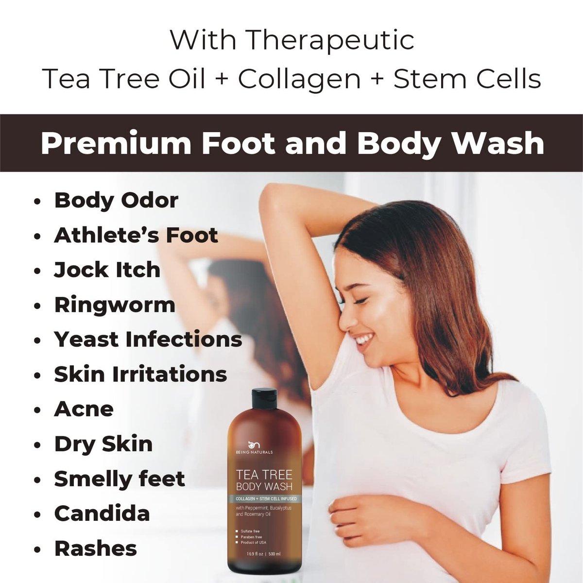 Tea Tree Body Wash with Organic Tea Tree Oil - Fights Odor, Acne & Skin Issues, 16.9 oz by Being Naturals Avelisse