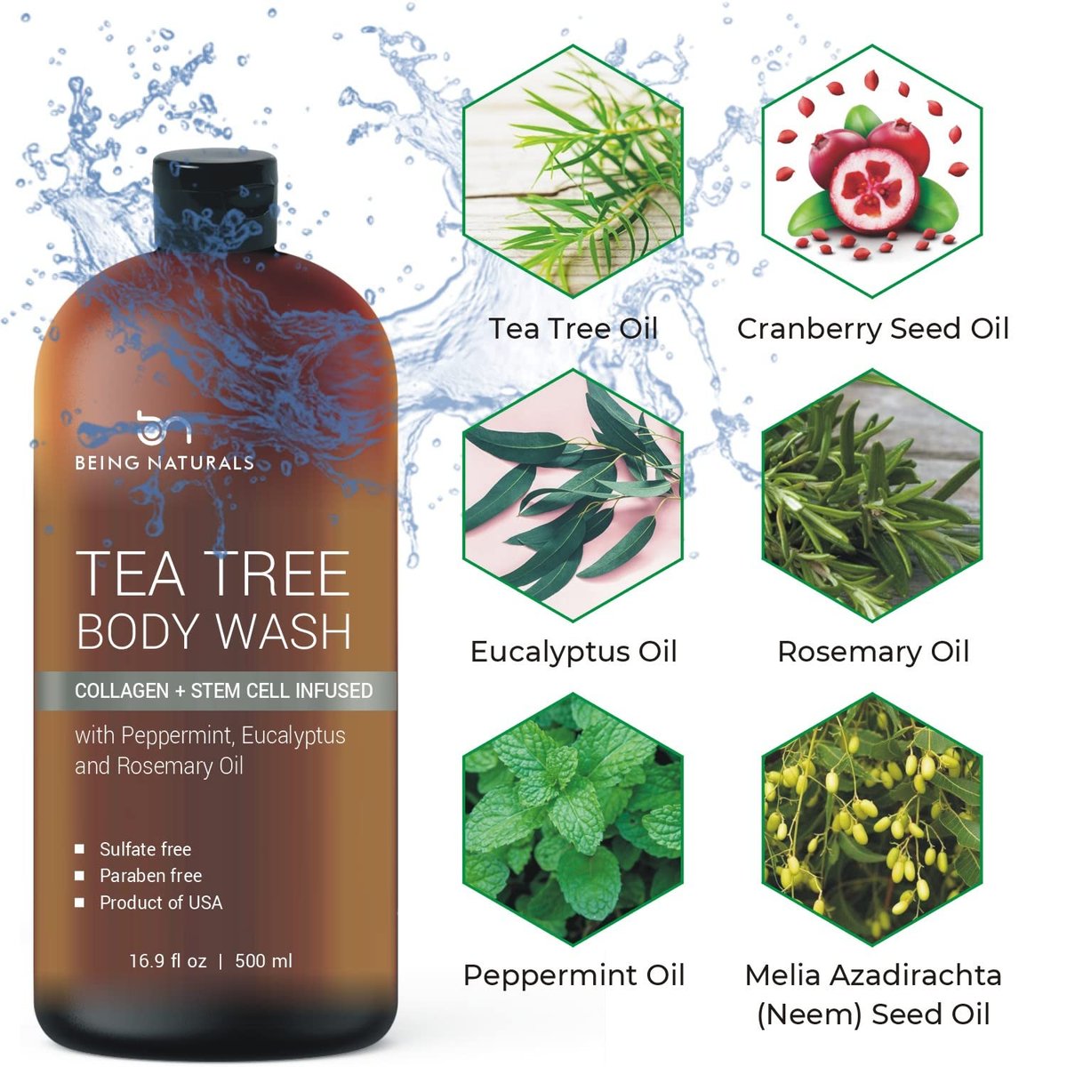 Tea Tree Body Wash with Organic Tea Tree Oil - Fights Odor, Acne & Skin Issues, 16.9 oz by Being Naturals Avelisse