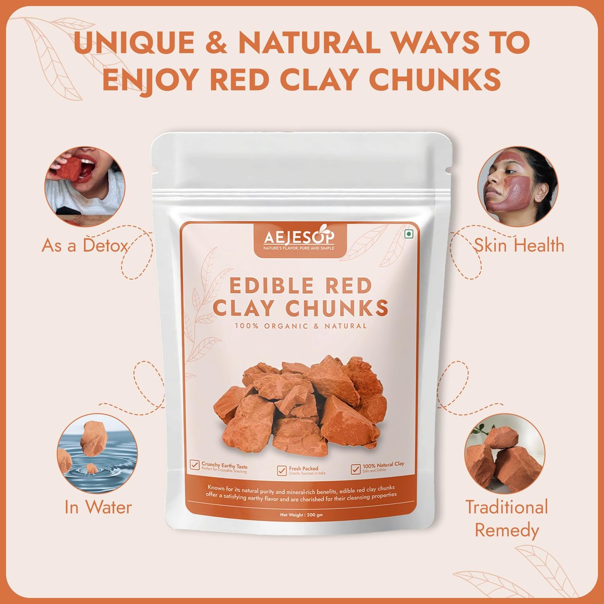 AEJESOP Red Clay Edible Chunks - Natural Organic Clay for Face Mask & Mud Mask (7 oz / 200g) Avelisse