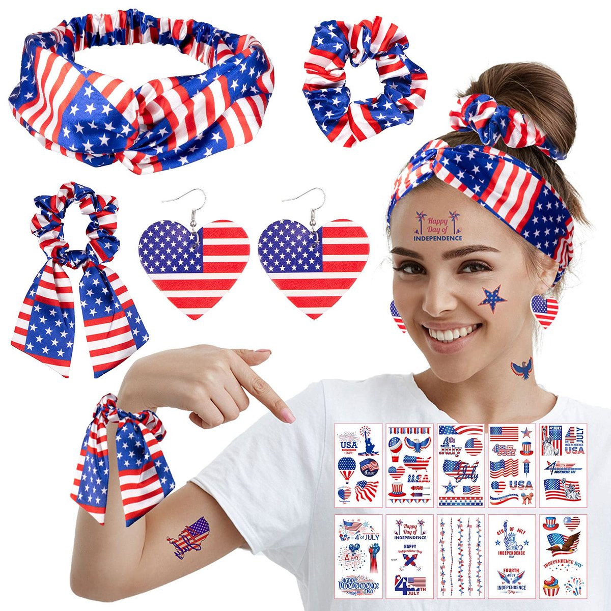 Whaline 4th of July Patriotic Accessories Kit - 15Pcs American Flag Headbands, Hair Scrunchies, Earrings, Temporary Tattoos for Women and Girls - görsel 1