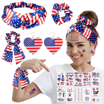 Whaline 4th of July Patriotic Accessories Kit - 15Pcs American Flag Headbands, Hair Scrunchies, Earrings, Temporary Tattoos for Women and Girls