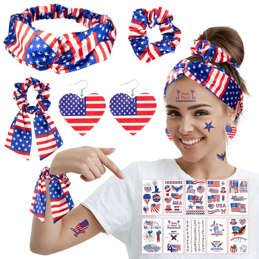 Whaline 4th of July Patriotic Accessories Kit - 15Pcs American Flag Headbands, Hair Scrunchies, Earrings, Temporary Tattoos for Women and Girls