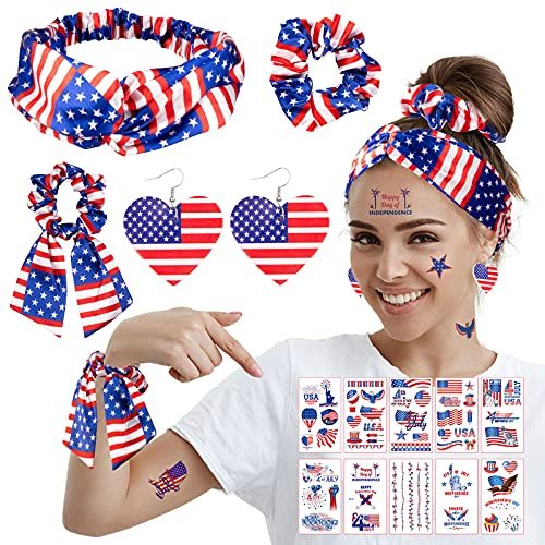 Whaline 4th of July Patriotic Accessories Kit - 15Pcs American Flag Headbands, Hair Scrunchies, Earrings, Temporary Tattoos for Women and Girls - görsel 2