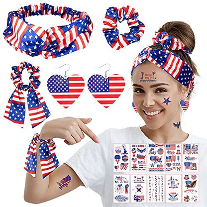 Whaline 4th of July Patriotic Accessories Kit - 15Pcs American Flag Headbands, Hair Scrunchies, Earrings, Temporary Tattoos for Women and Girls