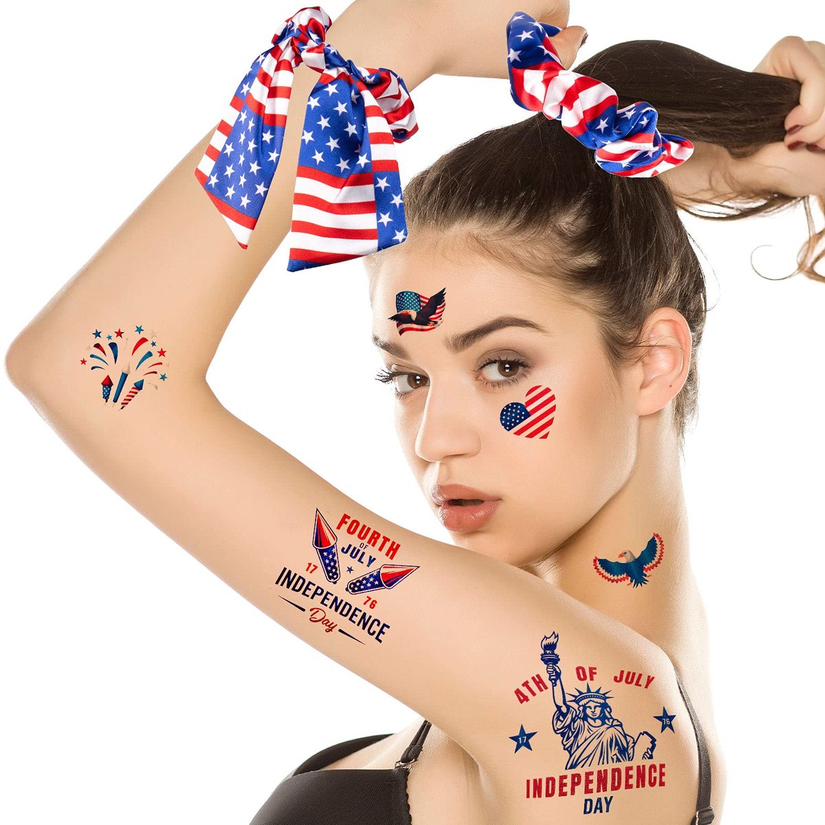 Whaline 4th of July Patriotic Accessories Kit - 15Pcs American Flag Headbands, Hair Scrunchies, Earrings, Temporary Tattoos for Women and Girls - görsel 13