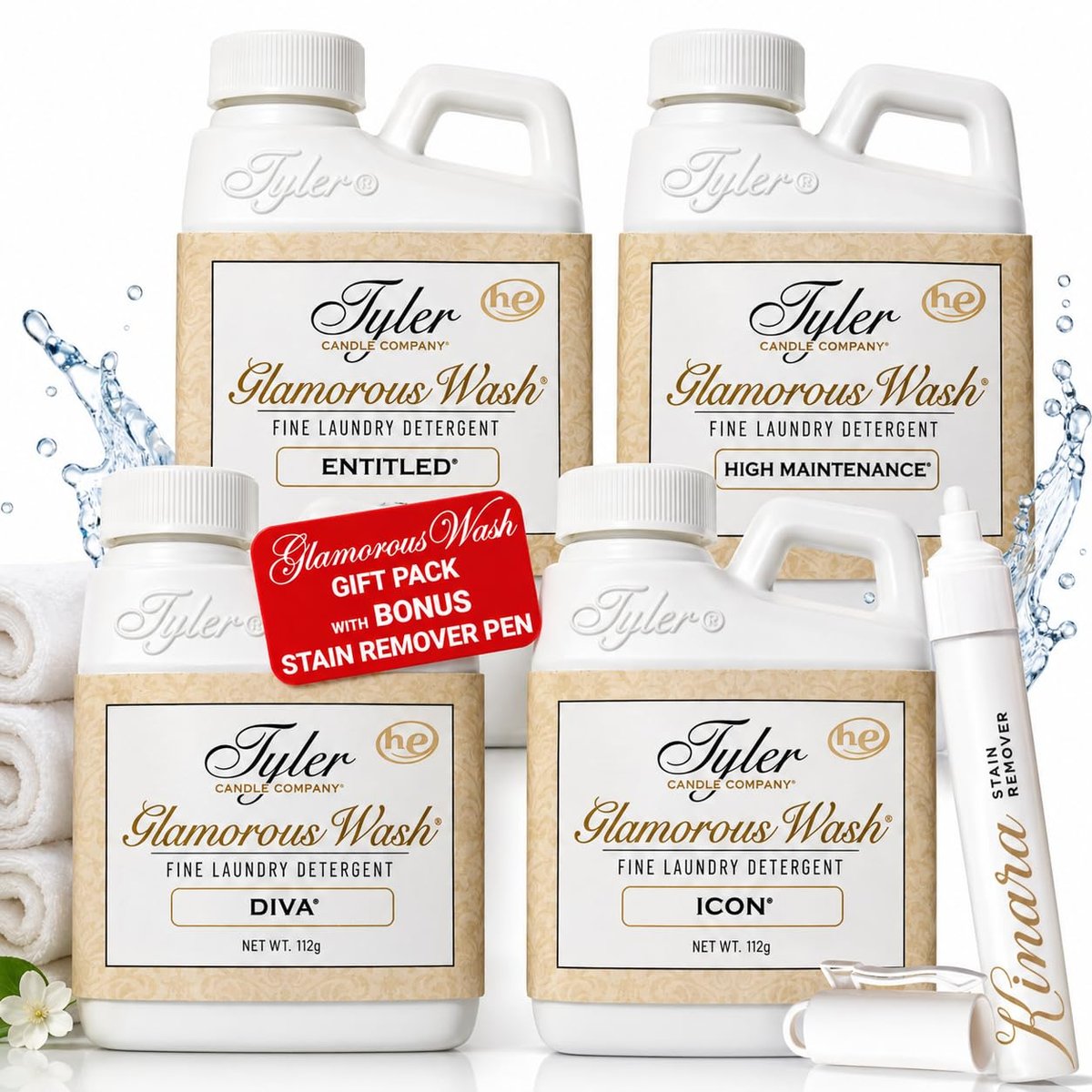Kinara Tyler Glamorous Wash Liquid Laundry Detergent Gift Pack with Stain Remover Pen - 4 Count (4 fl oz each) for Delicate Fabrics Avelisse
